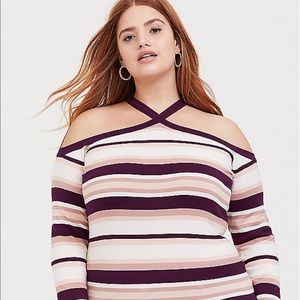 Striped cross neck cold shoulder pullover